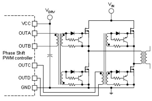 高能量桥式转换器中双端PWM控制器控制MOS场效应管