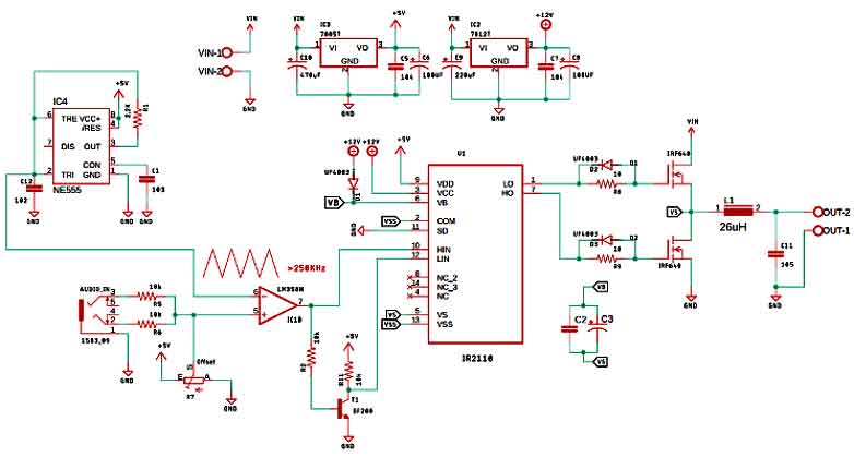 MOS场效应管高效D类音频放大器电路原理图 